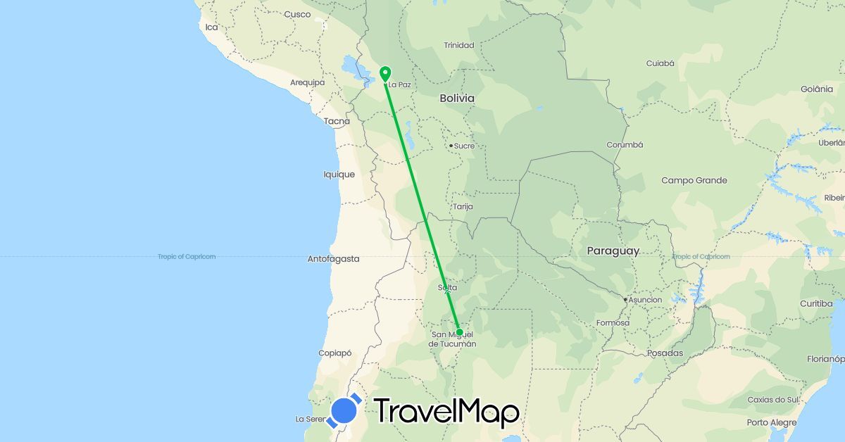 TravelMap itinerary: driving, bus in Argentina, Bolivia (South America)